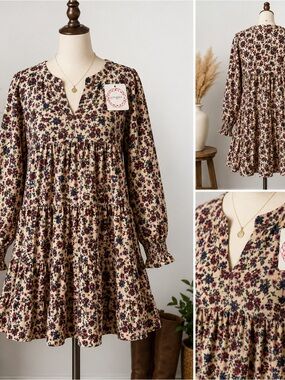 NWT Umgee M Floral Corduroy Tiered Babydoll Dress Puff Sleeve Boho